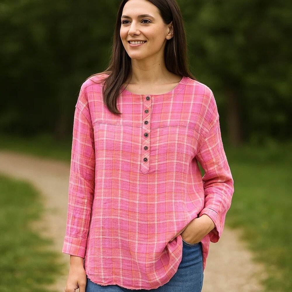 Beach Lunch Lounge Pink Orange Plaid Mia Pucker Popover Plaid Shirt Top Small